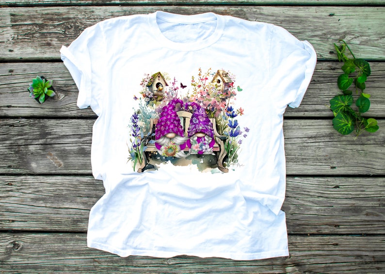 Spring Gnome Flower Garden Sublimation Transfer, Sublimation Transfer, Purple Gnomes Transfer, Summer Flowers Gnome, Butterfly Gnome, Bird image 2