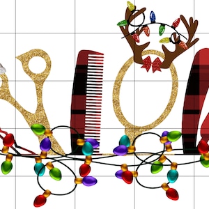May include: Gold glitter scissors, a comb, a round mirror, and a red and black plaid hair cutting shears with a string of Christmas lights around them.