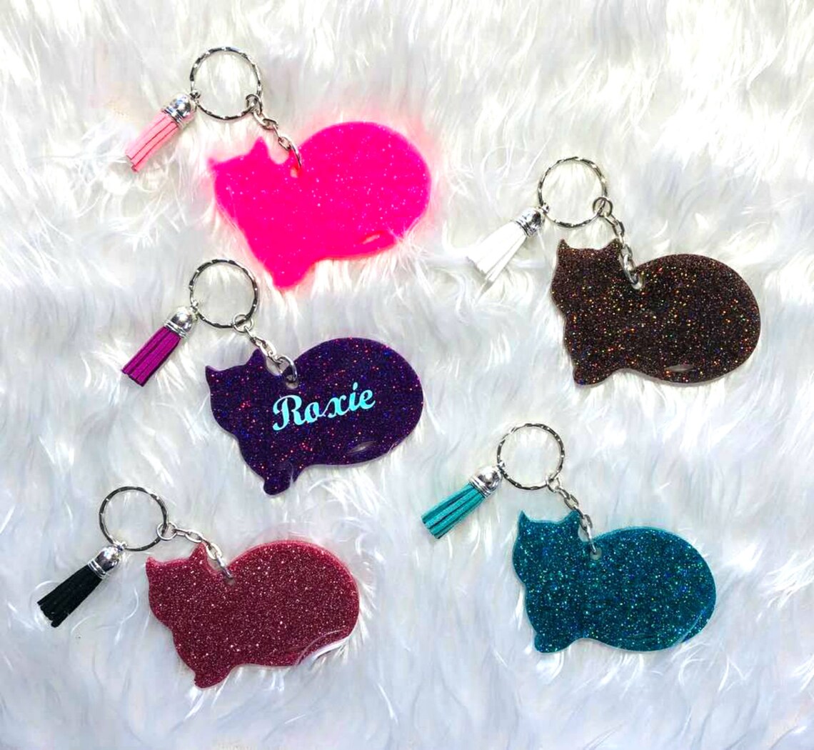 Cat Personalized Glitter Keychain Key Ring Holographic Etsy