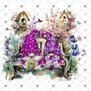 Spring Gnome Flower Garden Sublimation Transfer, Sublimation Transfer, Purple Gnomes Transfer, Summer Flowers Gnome, Butterfly Gnome, Bird image 1