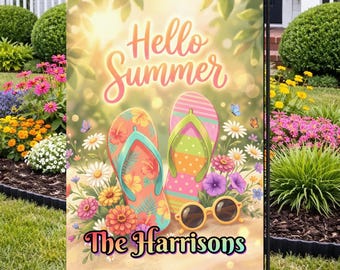 Hello Summer Flop Flops Garden Flag, Personalized, Name Garden Flag, Floral Sandals Yard Decor, Custom House Decor, Home Decoration