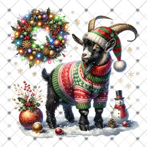 May include: A festive illustration of a goat wearing a red and green sweater and hat, surrounded by Christmas decorations. A wreath with lights, ornaments, and a snowman are also featured. The goat has large horns and a black coat.