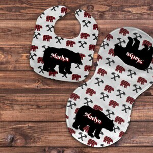 Buffalo Plaid Bear Bib and Burp Cloth Set, Personalized, Red and Black, Newborn, Baby, Baby Shower Gift, Baby Gift, Bear Gift, Buffalo Plaid