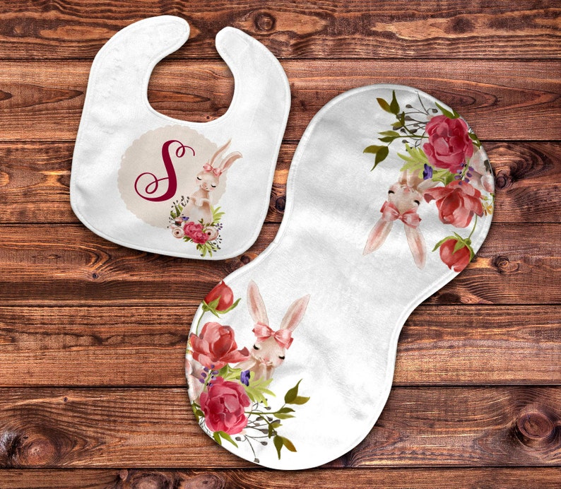 Personalized Bib and Burp Cloth Set Bunny and Flowers Etsy