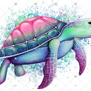 May include: A watercolour painting of a sea turtle with a colourful shell and a green head. The turtle is swimming in a blue and green watercolour background.