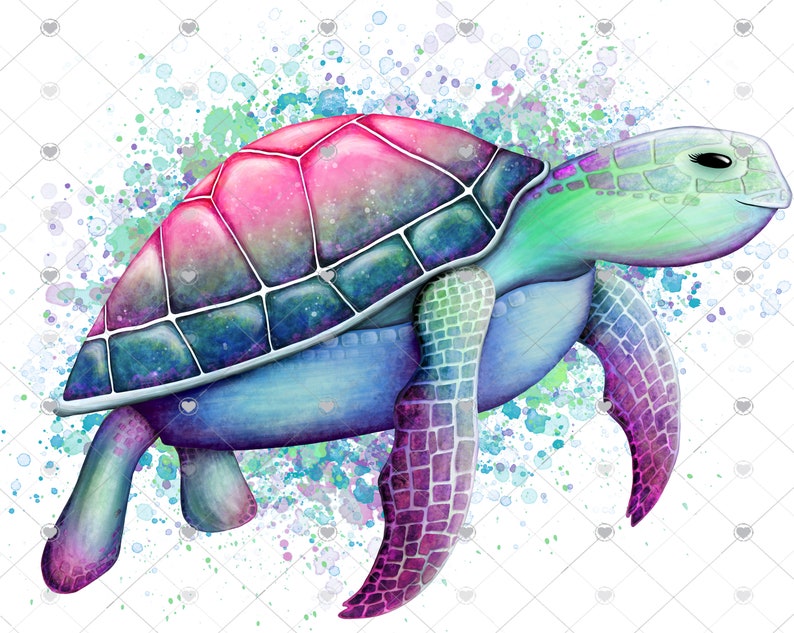 May include: A watercolour painting of a sea turtle with a colourful shell and a green head. The turtle is swimming in a blue and green watercolour background.