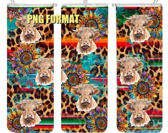 Highland Cow Sunflower Leopard Tumbler Wrap PNG, 20 oz Tumbler Wrap, Sublimation Digital Download, Tournesols, Vaches, Ranch, Highlanders