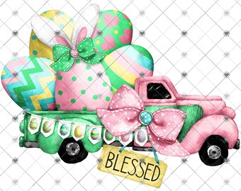 May include: A pink and green vintage truck carrying a stack of colorful Easter eggs with bunny ears. The truck has a pink bow and a sign that says "BLESSED".