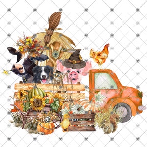 May include: A watercolor illustration of a red truck with a pig wearing a witch's hat, a goat, a cow, a dog, a cat, a rooster, and a squirrel. The truck is filled with pumpkins, gourds, and sunflowers.