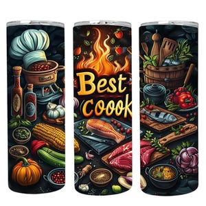 May include: A stainless steel tumbler with a colorful illustration of cooking-related items. The design includes a chef's hat, pots, vegetables, and the words "Best Cook" in a flame-like font. The tumbler is designed for hot and cold beverages.