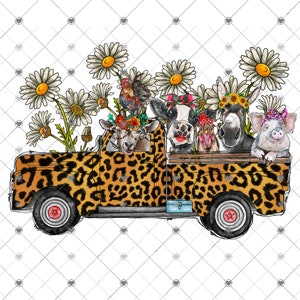 Farm Animals Daisy Truck Sublimation Transfer - Ready to Press - Pig, Chicken, Cow, Goat, Donkey - Animals with Headbands - Ready to Use