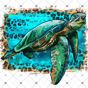 May include: A digital illustration of a sea turtle with a green shell and flippers, set against a turquoise and gold background. The turtle is detailed with shades of green, brown, and yellow, and the background has a watercolor effect.