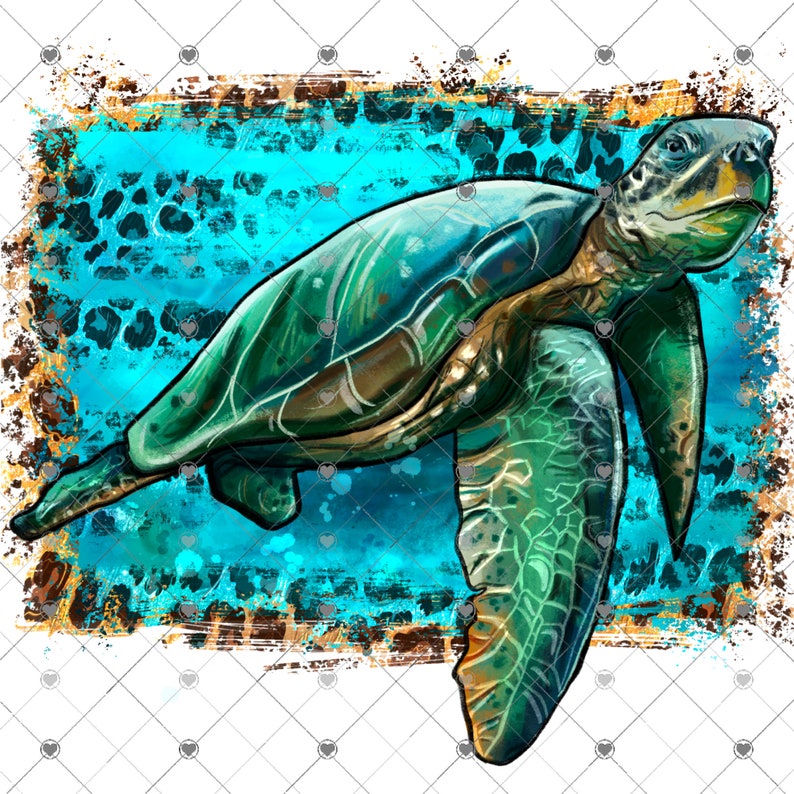 May include: A digital illustration of a sea turtle with a green shell and flippers, set against a turquoise and gold background. The turtle is detailed with shades of green, brown, and yellow, and the background has a watercolor effect.