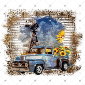 May include: A blue vintage pickup truck with a wooden bed filled with sunflowers. The truck is parked in front of a rustic wooden fence and a windmill. The background is a watercolor painting of a blue sky with clouds.