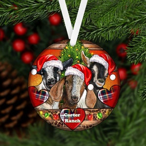 Christmas Goats Personalized Ornament, 2-dimensional flat, Custom Name Christmas Holiday, Farm Ornament, Barn, Goats, Nigerian Dwarf Goat