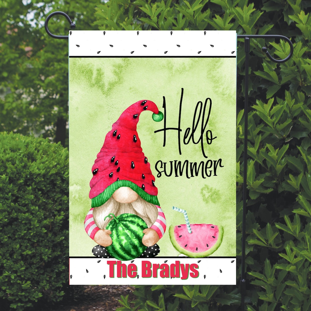 Watermelon Gnome Garden Flag, Personalized, Summer Garden Flag, Name