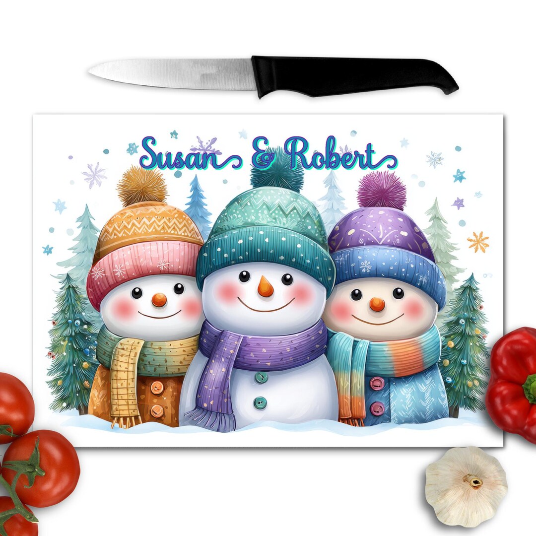 Christmas Snowmen Personalized Glass Cutting Board, Snowman Winter ...