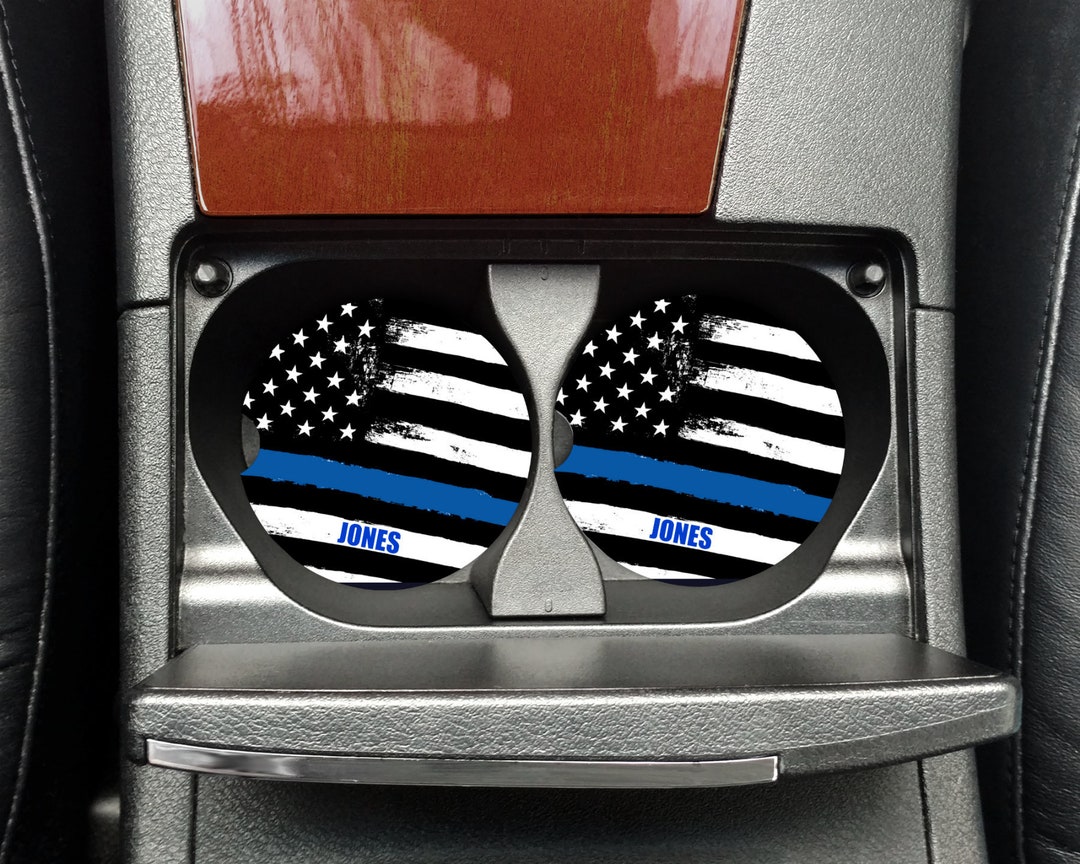 Thin Blue Line Personalized American Flag Ceramic Car Coasters, Set of ...