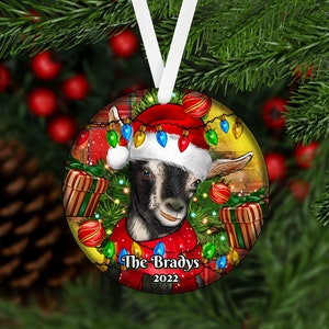 Christmas Alpine Goat Personalized Ornament, 2-dimensional flat, Custom Name Christmas Holiday, Farm Ornament, Barn, Goats, Goat Lover