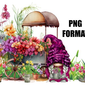 昇華用ノーム フラワー カート デジタル デザイン、PNG 即時ダウンロード、印刷可能、夏のノーム デジタル ダウンロード、花の庭の植物ノーム