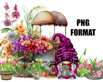 Gnome Flower Cart Digital Design for Sublimation, PNG Instant Download, Printable, Summer Gnome Digital Download, Floral Garden Plant Gnomes