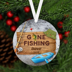 Gone Fishing Personalized Christmas Ornament, 2-dimensional flat, Custom Name Christmas Holiday, Fisherman Ornament, Gift for Dad, Fish Gift