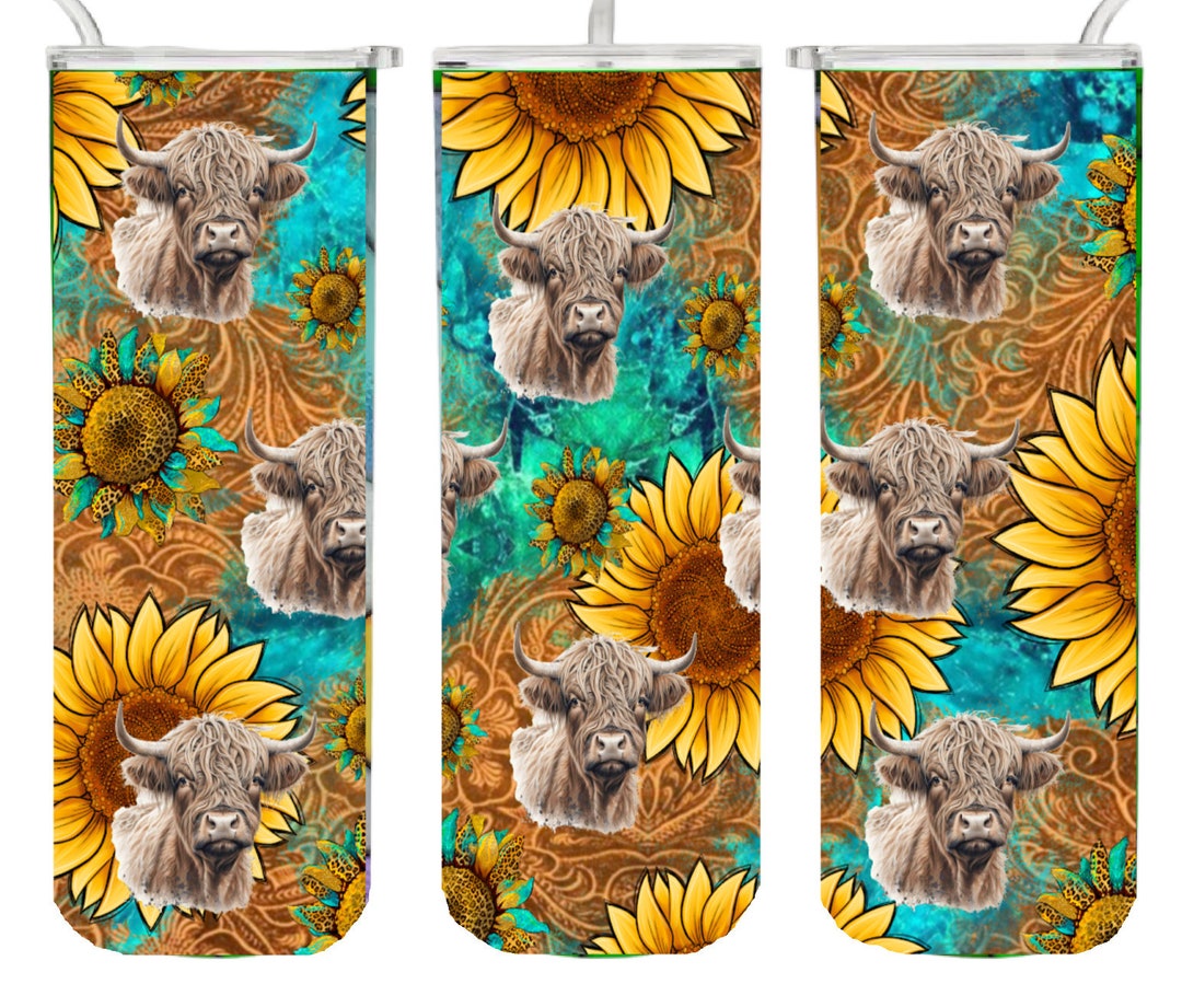 Highland Cow Sunflower Tumbler Sublimation Wrap - Ready to Press ...
