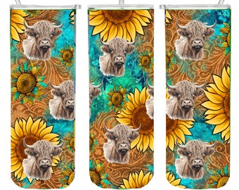Highland Cow Sunflower Tumbler Sublimation Wrap - Ready to Press Western Transfer - Cows, 20 oz Straight Tumbler, Tumbler Transfer, Farm