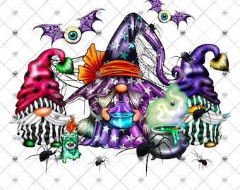May include: Three gnomes dressed in Halloween costumes. The gnome in the center is wearing a purple and star-patterned dress, a witch's hat, and a blindfold. The gnome on the left is wearing a black and white striped outfit with a red hat. The gnome on the right is wearing a green and white striped outfit with a purple hat. All three gnomes are surrounded by cobwebs and spiders.