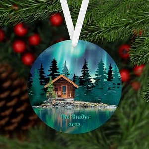 Northern Lights Cabin Personalized Christmas Ornament, 2-dimensional flat, Custom Name Christmas Holiday, Northwoods Ornament, Alaska
