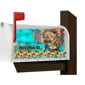 Mailbox Cover with Magnetic Strip - Personalized Highland Cow Sunflower Mailbox Decor - Custom Address Mailbox Cover, Farm, Ranch, Cows