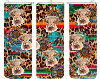 Highland Cow Sunflower Leopard Tumbler Wrap, Prêt à presser, Imprimé, 20 oz Tumbler Wrap, Sublimation, Tournesols, Vaches, Ranch, Highlanders