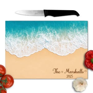 Beach Sand Personalized Glass Cutting Board, Ocean Personalized Wedding Kitchen Decor, Beach Custom Kitchen Chopping Board, Beach Lover