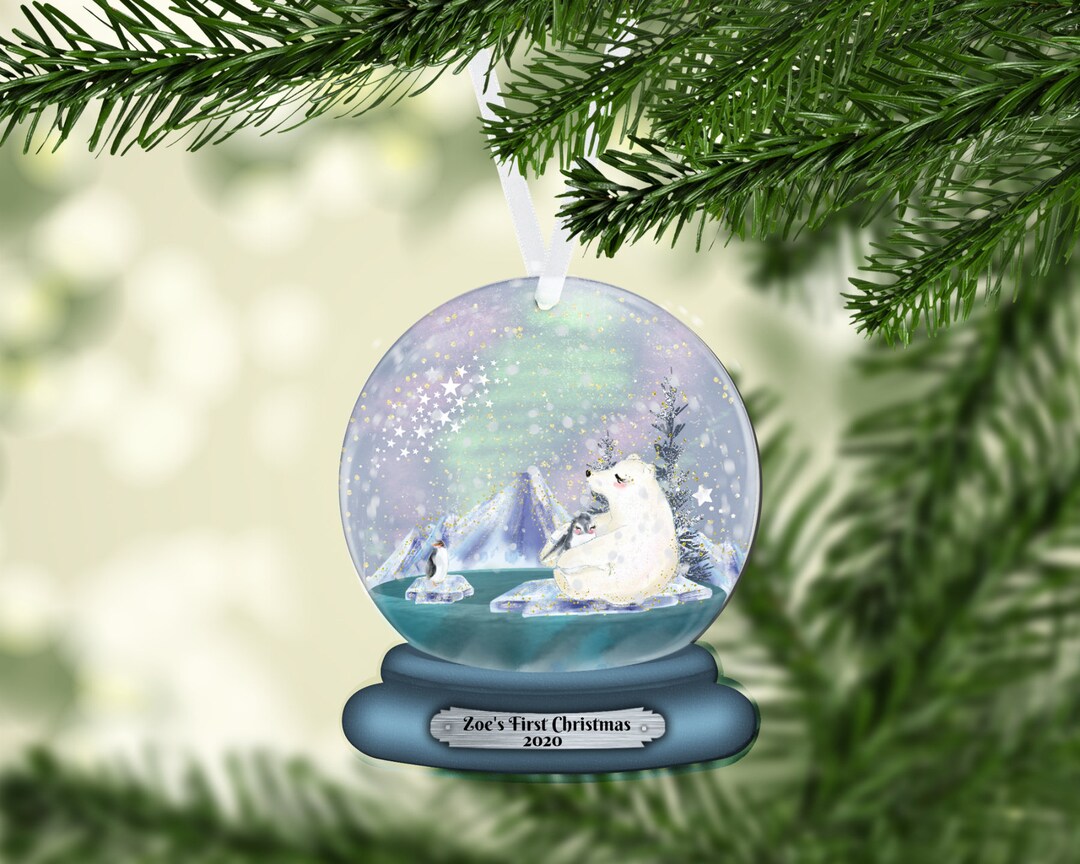 Polar Bear and Penguin Christmas Snow Globe Ornament, 2-dimensional NOT ...