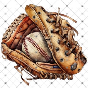 May include: A brown leather baseball mitt with white stitching and laces. A white baseball with red stitching is inside the mitt.