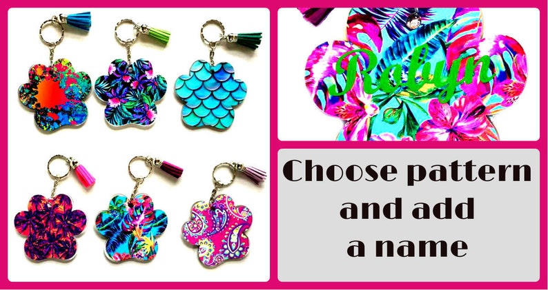 paw print personalized name keychain key ring acrylic