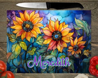Sunflower Personalized Glass Cutting Board, Floral Personalized Kitchen Decor, Watercolor Flowers Custom Cutting Board, Chopping Board