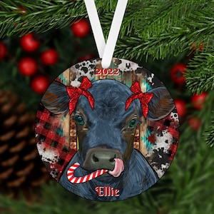 Christmas Black Angus Calf Personalized Ornament, Black Angus Ornament, Black Angus Cow, Farm Ornament, Cows Candy Canes Ornament, Flat
