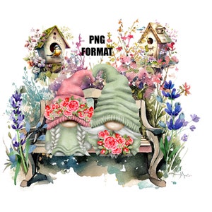 Gnome Flower Garden Digital Design for Sublimation, PNG Instant Download, Printable, Summer Pink Green Gnome Digital Download, Floral Gnomes