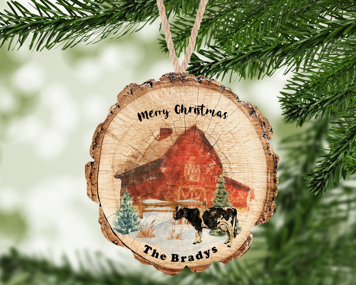 Farm Christmas Ornament Personalized Wood Slice Barn Etsy