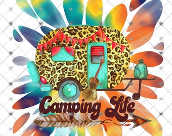 Camping Life Leopard Hippie Sublimation Transfer, Prêt à Appuyer Sublimation Image, Camp, Plein air, Cadeau de camping, Roulotte de voyage, Camp