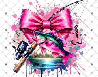 Pink Bow Coquette Fishing Sublimation Transfer - Ready to Press, Fishing Shirt Printed Transfer, Female Fisherman, Outdoorsman, Fish
