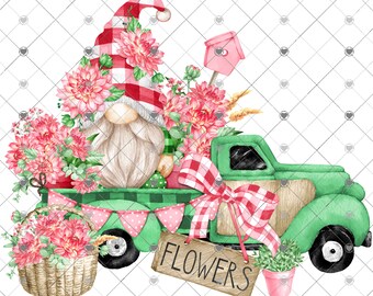 Flower Truck Gnome Sublimation Transfer - Ready to Press, Flowers Transfer, Floral Transfer, Vintage Truck Transfer, Ready to Use, Flowers