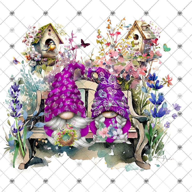 Transfert de sublimation de jardin de fleurs de gnome printanier, transfert de sublimation, transfert de gnomes violets, gnome de fleurs dété, nain papillon, oiseau image 7