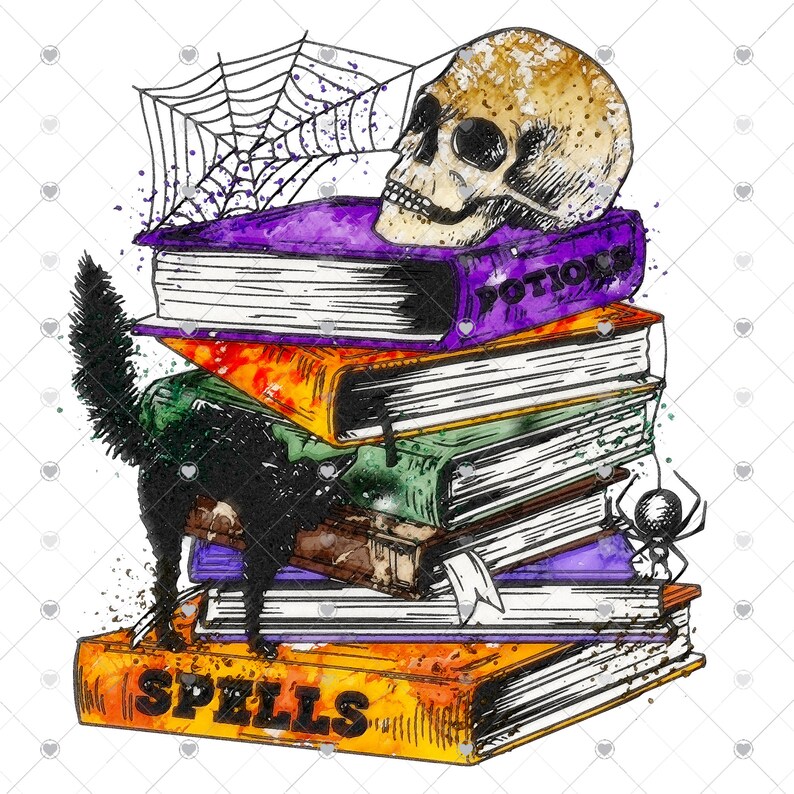 Peut inclure: Une pile de livres avec un chat noir, un cr&acirc;ne et une toile d'araign&eacute;e. Le livre du haut dit "Potions" et le livre du bas dit "Spells".