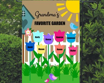 May include: A brown garden flag with a white picket fence and colorful tulips. The tulips have names on them, including David, Mason, Karly, Reese, Kamryn, Jameson, Raven, and Skyler. The flag says "Grandma's Favorite Garden" at the top.