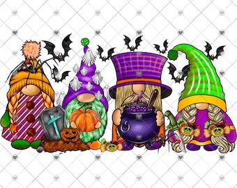 May include: Four Halloween gnomes with different costumes and accessories. The gnome on the left is wearing a striped shirt, a hat with a spider, and holding a tombstone. The next gnome is wearing a ghost costume and holding a pumpkin. The third gnome is wearing a purple hat and holding a cauldron. The last gnome is wearing a green hat and holding a knife.