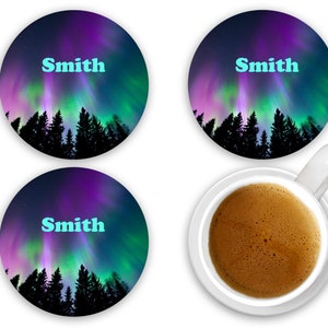 Northern Lights Aurora Borealis Coasters - Trees Night Sky - Personalized - Customized - Wedding Gift - Couples Custom Gift - Set of 4