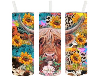 Highland Cow Floral Tumbler Sublimation Wrap - Ready to Press Sunflower Transfer - Cows, 20 oz Straight Tumbler, Tumbler Transfer, Farm