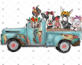 Farm Animals Teal Truck Sublimation Transfer - Ready to Press - Pig, Chicken, Cow, Goat, Donkey - Animals with Headbands - Ready to Use